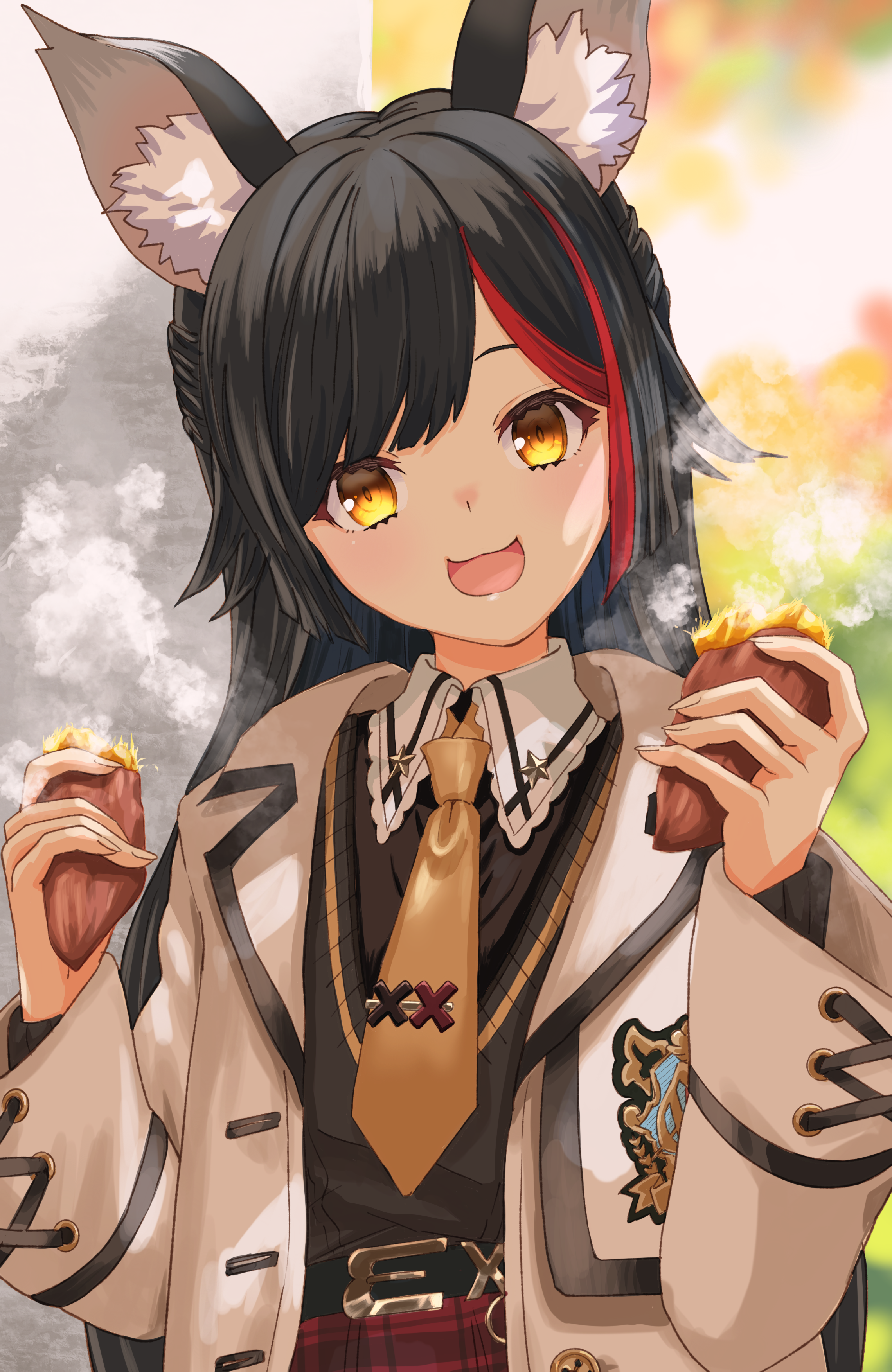 lingmu, ookami mio, ookami mio (10th costume), hololive, absurdres, highres, 1girl, animal ear fluff, animal ears, black hair, black shirt, blush, brown jacket, collared shirt, food, holding, holding food, jacket, long sleeves, looking at viewer, necktie, official alternate costume, open mouth, orange eyes, orange necktie, red eyes, roasted sweet potato, shirt, smile, smoke, sweet potato, upper body, virtual youtuber, wolf ears, wolf girl