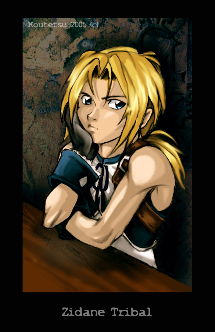 cs-zero, koutetsu (fluffybumface), zidane tribal, dissidia final fantasy, final fantasy, final fantasy ix, 00s, 1boy, bare shoulders, belt, blonde hair, blue eyes, gloves, jewelry, male focus, sleeveless, smirk, solo, vest