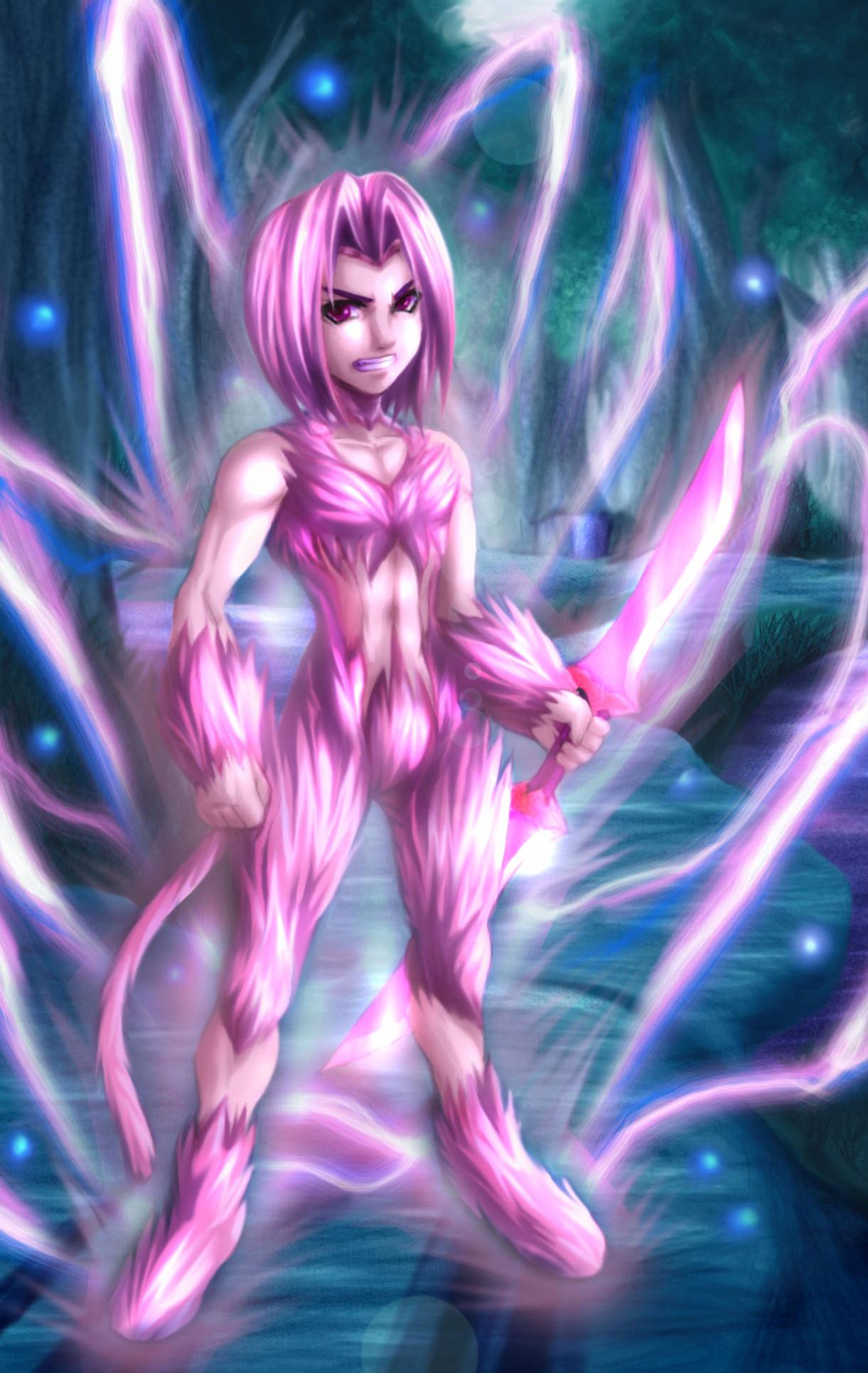 cs-zero, trance zidane tribal, zidane tribal, dissidia final fantasy, final fantasy, final fantasy ix, highres, 00s, 1boy, bare shoulders, belt, blonde hair, blue eyes, gloves, jewelry, male focus, sleeveless, smirk, solo, vest