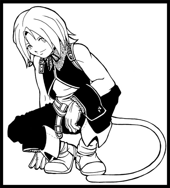 cs-zero, zidane tribal, dissidia final fantasy, final fantasy, final fantasy ix, 00s, 1boy, bare shoulders, belt, blonde hair, blue eyes, full body, gloves, greyscale, jewelry, male focus, monochrome, simple background, sleeveless, smirk, solo, vest