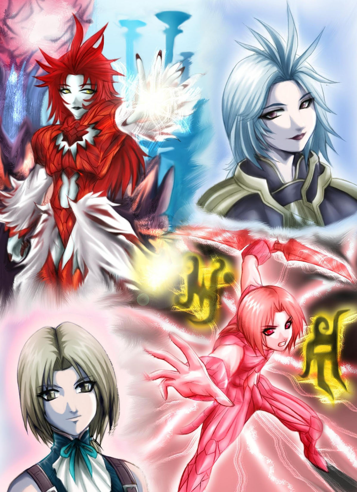 kuja, trance kuja, trance zidane tribal, zidane tribal, final fantasy, final fantasy ix, blade, highres, 00s, 2boys, dual persona, multiple boys, red hair, ribbon, weapon