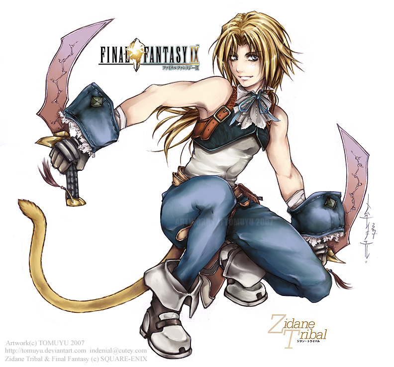 cs-zero, tomuyu, zidane tribal, dissidia final fantasy, final fantasy, final fantasy ix, 00s, 1boy, artist name, bare shoulders, belt, blonde hair, blue eyes, buckle, character name, copyright name, dual wielding, full body, gloves, holding, jewelry, logo, male focus, sleeveless, smirk, solo, tail, vest, watermark, web address, white background