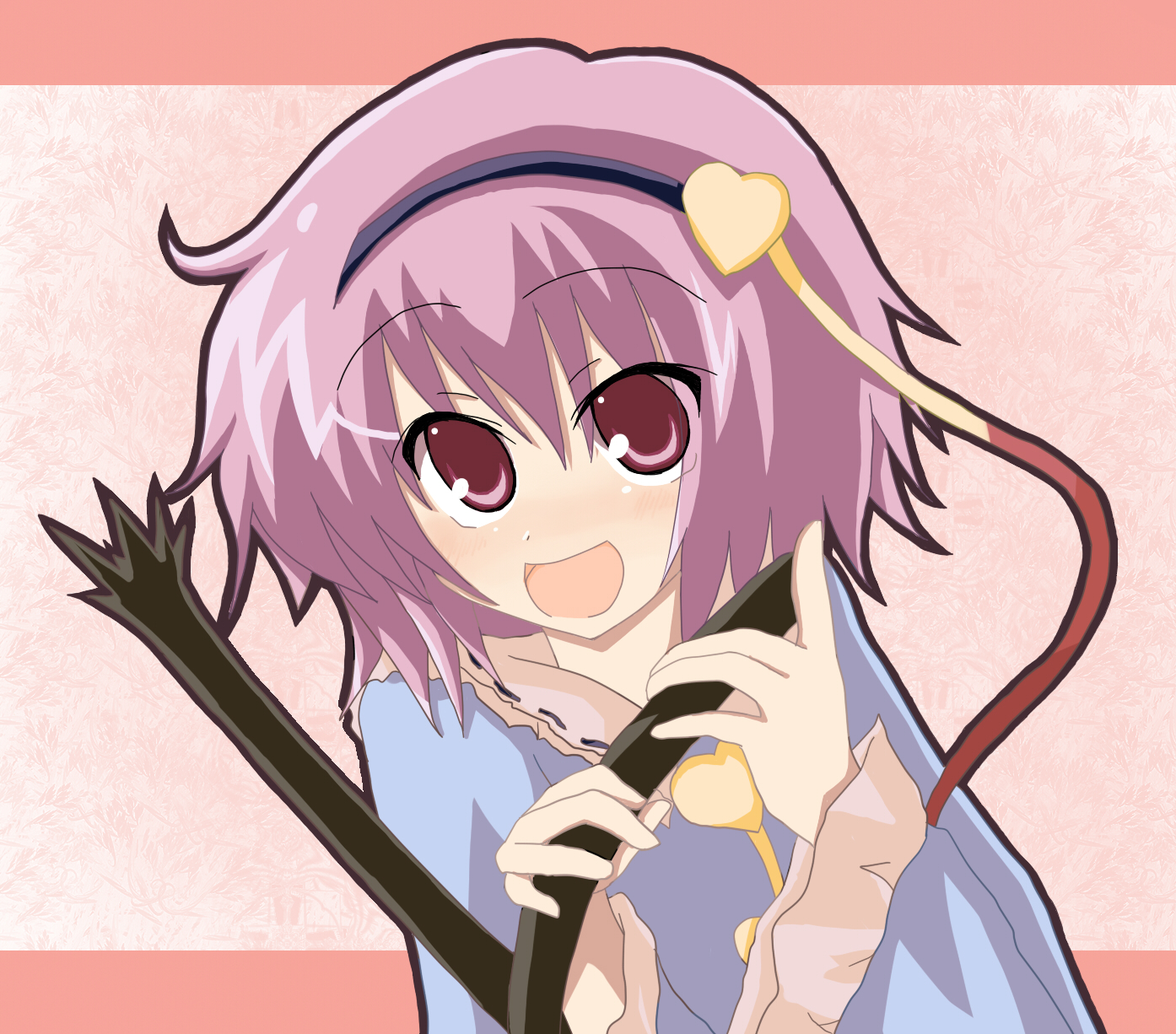 nijou makoto, kaenbyou rin, kaenbyou rin (cat), komeiji satori, touhou, highres, 1girl, female focus, hairband, purple eyes, purple hair, short hair, solo, tail, upper body