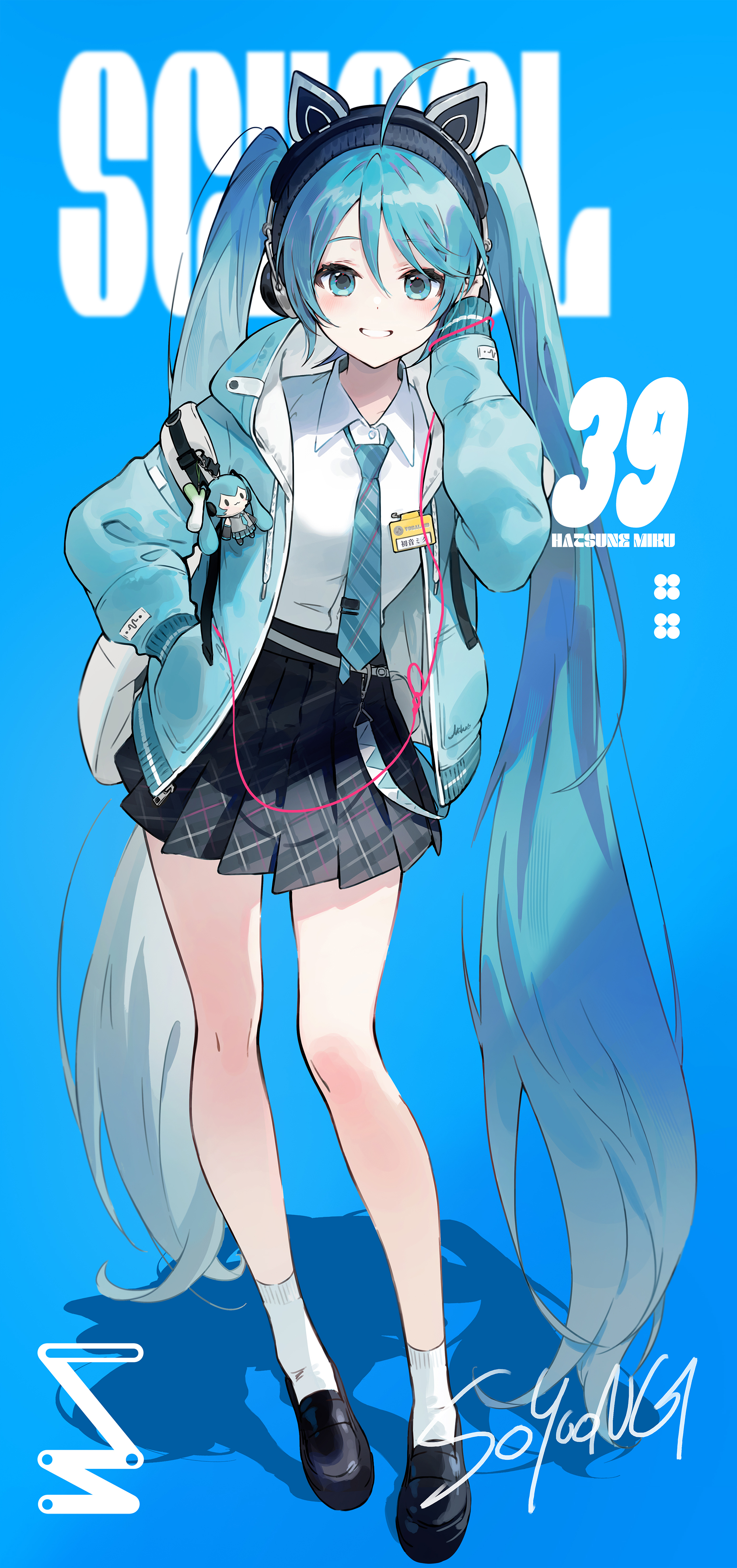 soyoong jun, hatsune miku, vocaloid, absurdres, commentary request, highres, 1girl, 39, ahoge, animal ear headphones, animal ears, aqua eyes, aqua hair, aqua jacket, aqua necktie, black skirt, blue background, blush, cat ear headphones, cat ears, character name, collared shirt, fake animal ears, full body, hair between eyes, hair ornament, hand in pocket, headphones, headset, jacket, long hair, long sleeves, looking at viewer, necktie, open mouth, plaid clothes, plaid necktie, plaid skirt, pleated skirt, shirt, signature, skirt, smile, socks, solo, twintails, very long hair, white shirt, white socks