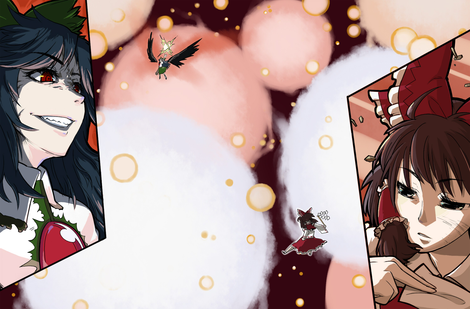 ume (noraneko), hakurei reimu, reiuji utsuho, subterranean animism, touhou, bad id, bad pixiv id, 2girls, battle, black hair, brown hair, danmaku, detached sleeves, female focus, gohei, grin, japanese clothes, long hair, miko, multiple girls, red eyes, short hair, smile, spell card, wings