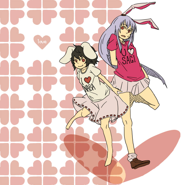 uewtsol, inaba tewi, reisen udongein inaba, touhou, bad id, bad pixiv id, 2girls, alternate costume, animal ears, barefoot, black hair, casual, contemporary, female focus, flat color, long hair, multiple girls, purple hair, rabbit ears, red eyes, short hair, skirt, white background
