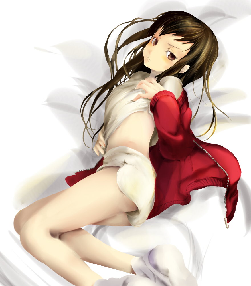 koukyou, takakyo, koga norio, narutaru, bad id, bad pixiv id, reference work, 1boy, brown eyes, brown hair, coat, flat chest, long hair, lying, male focus, on side, shota, socks, solo, trap