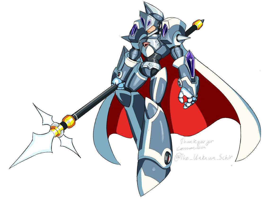 hayebsi, gareth (mega man), mega man (series), mega man x (series), mega man xtreme 2, commission, 1boy, android, armor, cape, chest jewel, covered eyes, energy spear, forehead jewel, full body, gloves, helmet, helmet over eyes, holding, holding polearm, holding weapon, jeweled hat, jewelry, joints, knee armor, knight, polearm, robot ears, robot joints, simple background, solo, staff riding, weapon, white background, white cape, white gloves