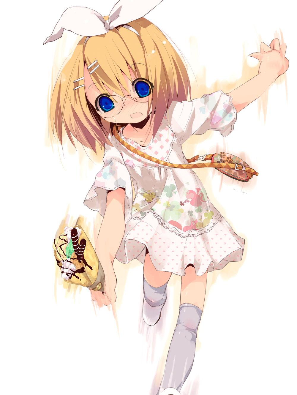 kuroba u, kagamine rin, vocaloid, highres, 1girl, casual, crepe, female focus, food, glasses, solo, thighhighs