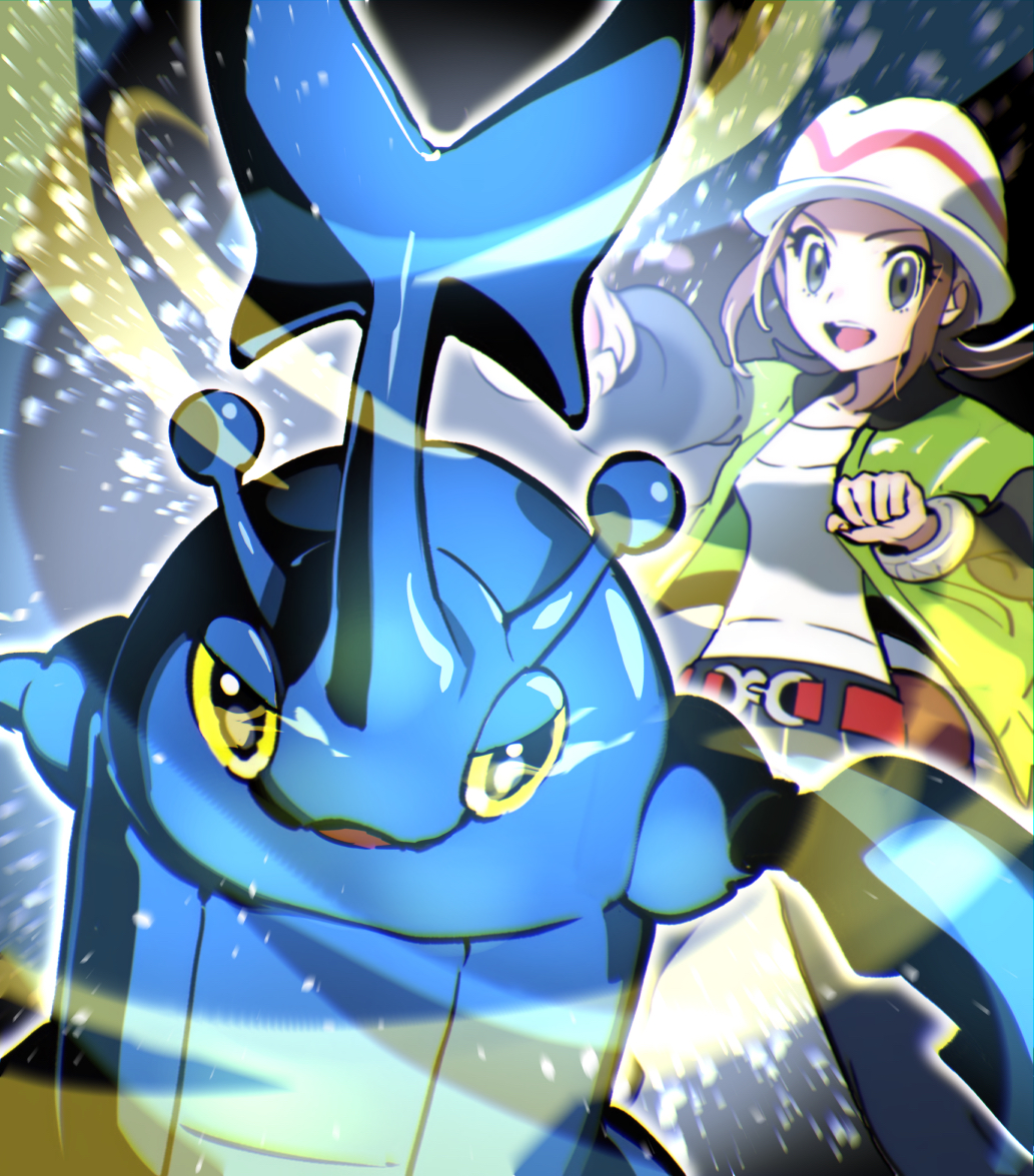 hattsuman, harmony (pokemon), heracross, nintendo, pokemon, pokemon legends: z-a, commentary request, 1girl, 1other, beetle, belt, black eyes, brown hair, bug, gen 2 pokemon, green jacket, hat, horns, insect, jacket, long sleeves, looking at viewer, medium hair, open mouth, pokemon (creature), red belt, rhinoceros beetle, shirt, smile, white hat, white shirt, yellow eyes