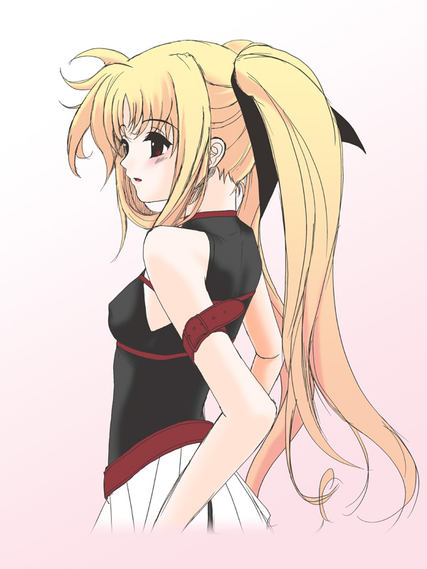 frapowa, fate testarossa, lyrical nanoha, mahou shoujo lyrical nanoha, 00s, 1girl, bare shoulders, blonde hair, dress, female focus, long hair, red eyes, solo, twintails, very long hair