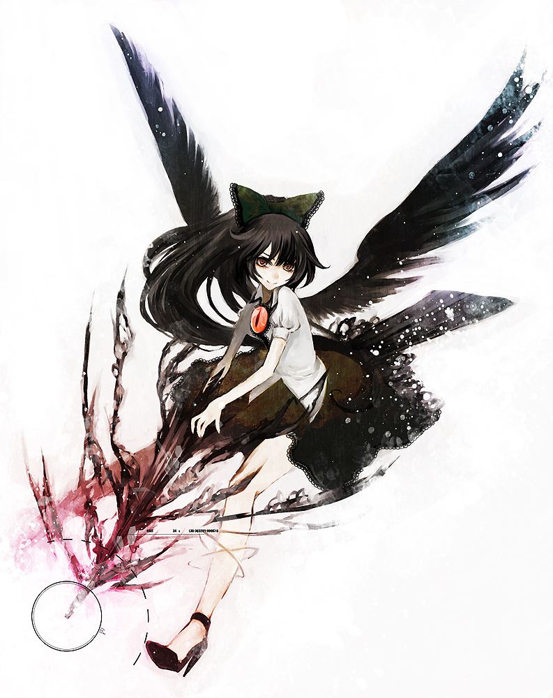 duca, reiuji utsuho, touhou, 1girl, alternate weapon, black hair, black wings, bow, female focus, hair bow, high heels, ponytail, red eyes, shoes, solo, weapon, wings