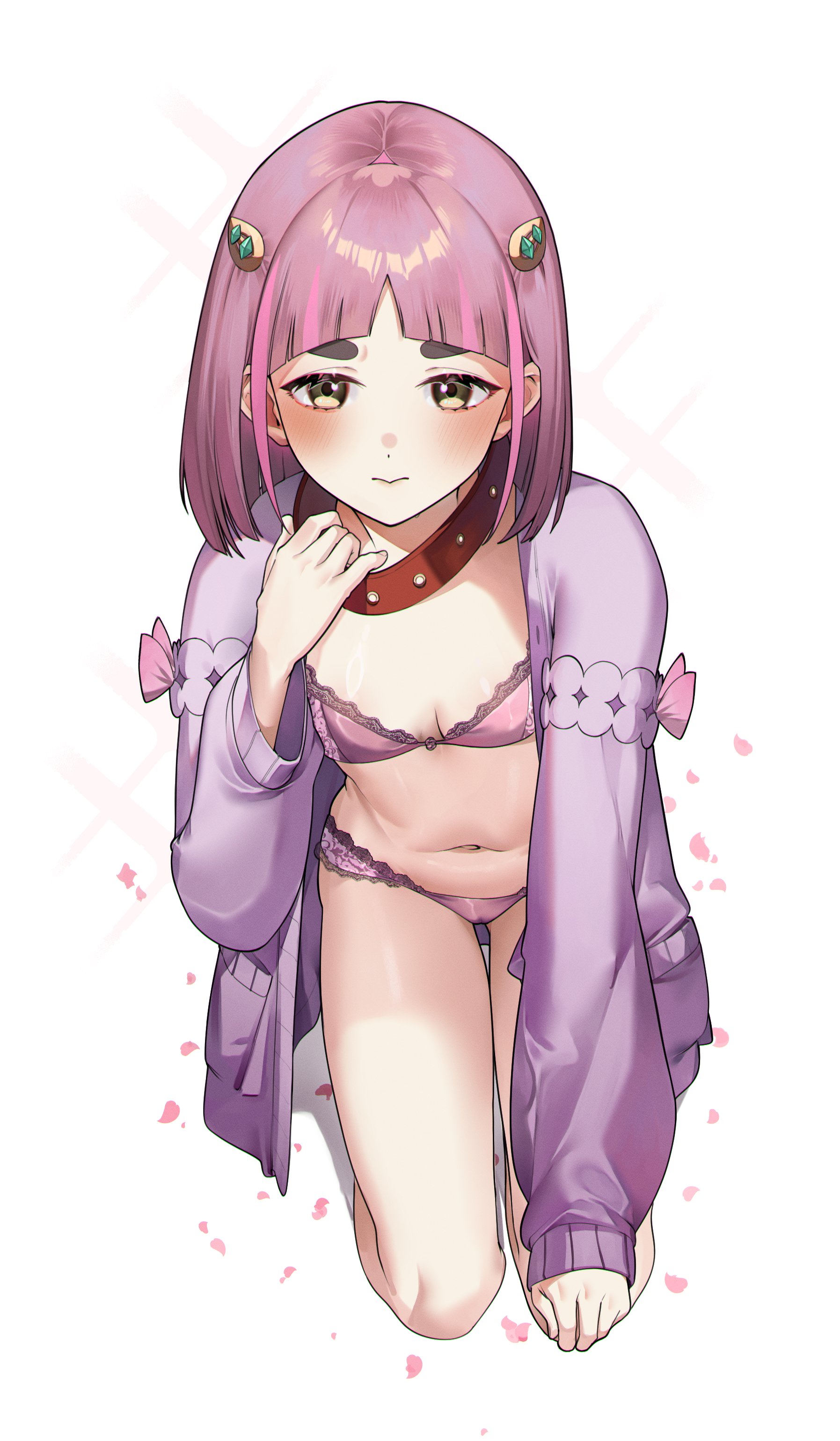 eredhen, lacey (pokemon), nintendo, pokemon, absurdres, highres, 1girl, 3:, animal collar, arched bangs, blush, bob cut, bow, bra, breasts, breasts apart, closed mouth, collar, fanged bangs, full body, gluteal fold, hair ornament, hand up, jacket, kneeling, lace, lace-trimmed bra, lace trim, lingerie, long sleeves, looking at viewer, middle part, mismatched eyebrows, multicolored hair, navel, open clothes, open jacket, panties, petals, pink bow, pink bra, pink hair, pink panties, pink petals, pink streaks, pocket, purple jacket, red collar, shiny skin, short hair, simple background, sleeve bow, small breasts, solo, stomach, streaked hair, thick eyebrows, thigh gap, thighs, thong, two-tone hair, underwear, white background, yellow eyes