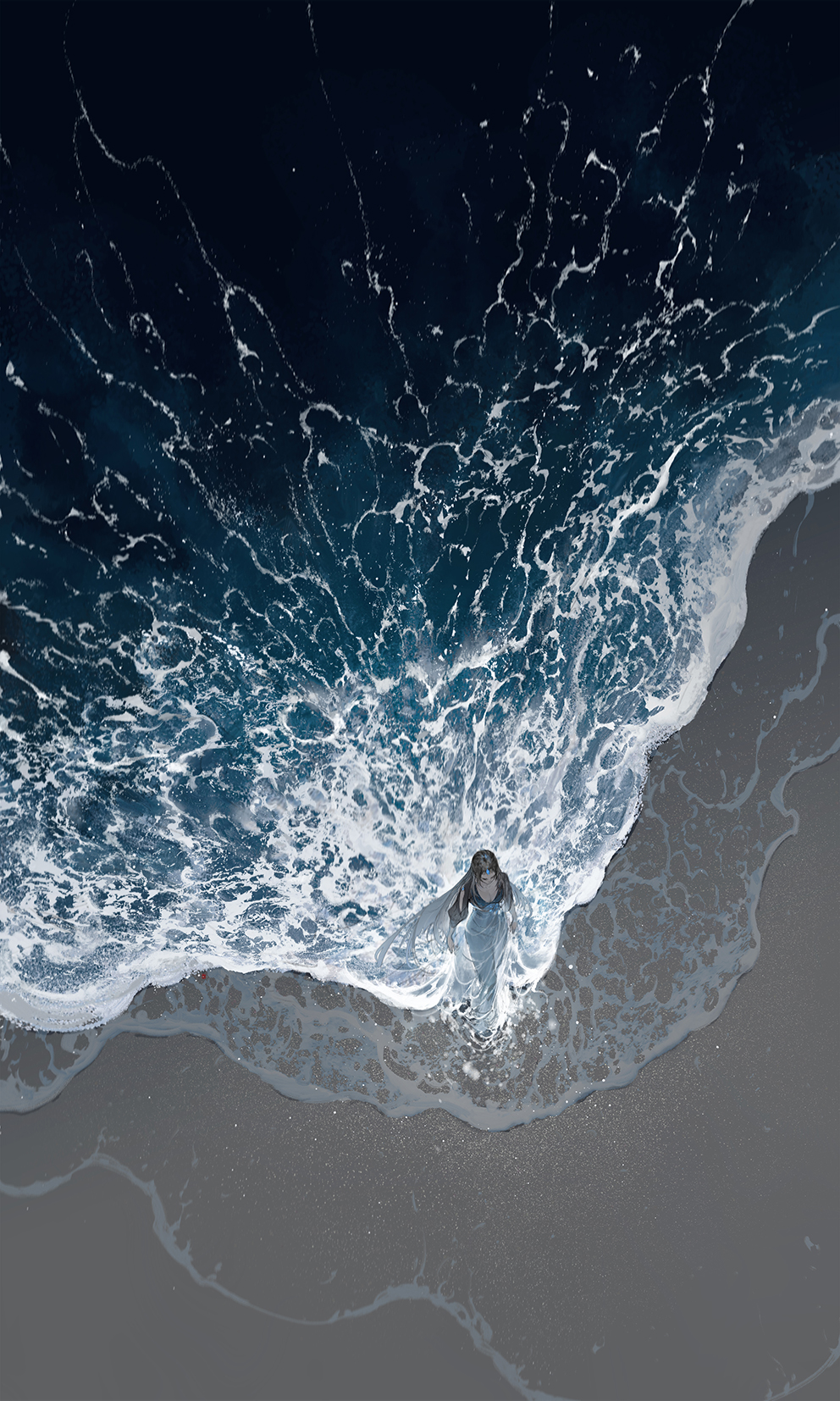 ibuki satsuki, chinese commentary, commentary request, highres, 1girl, beach, breasts, cleavage, forehead jewel, from above, gujian qitan 3, long hair, ocean, outdoors, solo, standing, water, waves, wide shot, yun wuyue (gujian qitan)