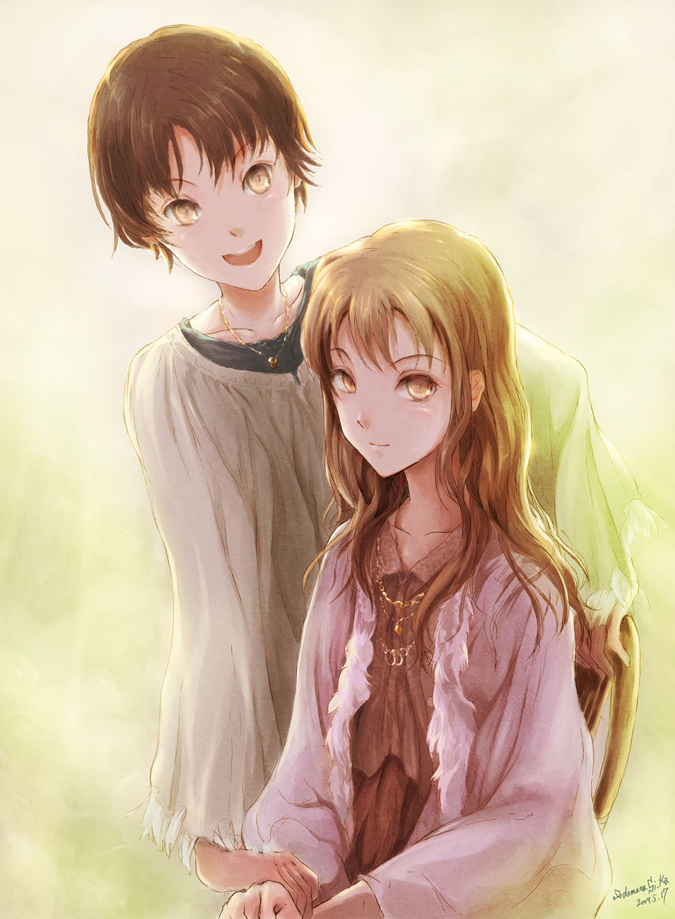 shiika sadamasa, original, bad id, bad pixiv id, highres, brown eyes, brown hair, jewelry, long hair, necklace, short hair, sitting, smile