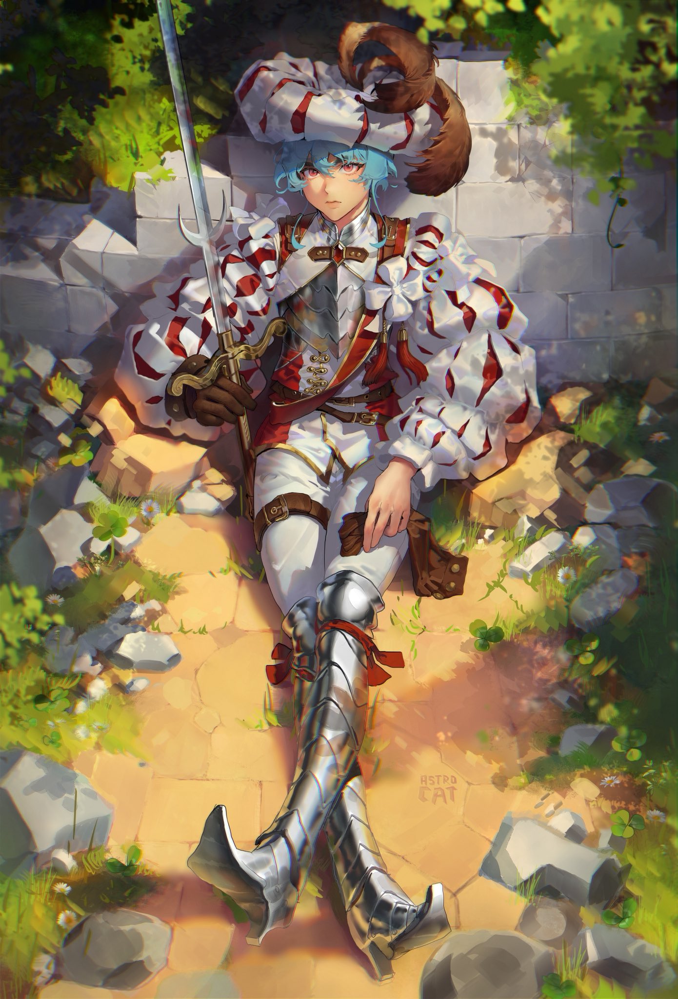 astrocatsama, original, highres, 1boy, armor, blue hair, brown gloves, crossed legs, gloves, jacket, landsknecht, looking at viewer, pants, single glove, solo, sword, weapon, white jacket, white pants