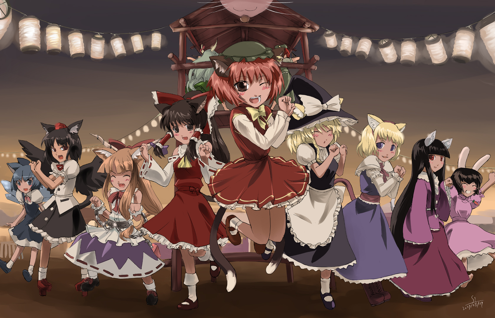 sinzan, alice margatroid, chen, cirno, ex-keine, hakurei reimu, hong meiling, houraisan kaguya, ibuki suika, inaba tewi, kamishirasawa keine, kirisame marisa, shameimaru aya, touhou, highres, 6+girls, animal ears, blonde hair, cat ears, cat tail, dancing, festival, geta, jumping, kemonomimi mode, lantern, multiple girls, tail, tengu-geta
