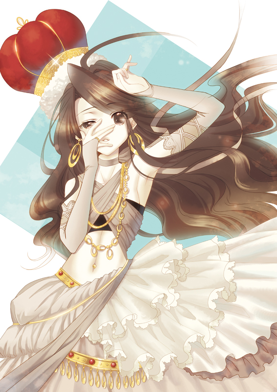 okuma mai, original, bad id, bad pixiv id, 1girl, armpits, bridal gauntlets, brown eyes, brown hair, covering face, crown, detached sleeves, earrings, female focus, jewelry, long hair, midriff, necklace, red crown, solo, very long hair