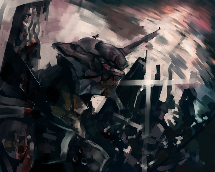 makai no juumin, eva 01, neon genesis evangelion, bad id, bad pixiv id, armor, helmet, machinery, mecha, no humans, robot, weapon