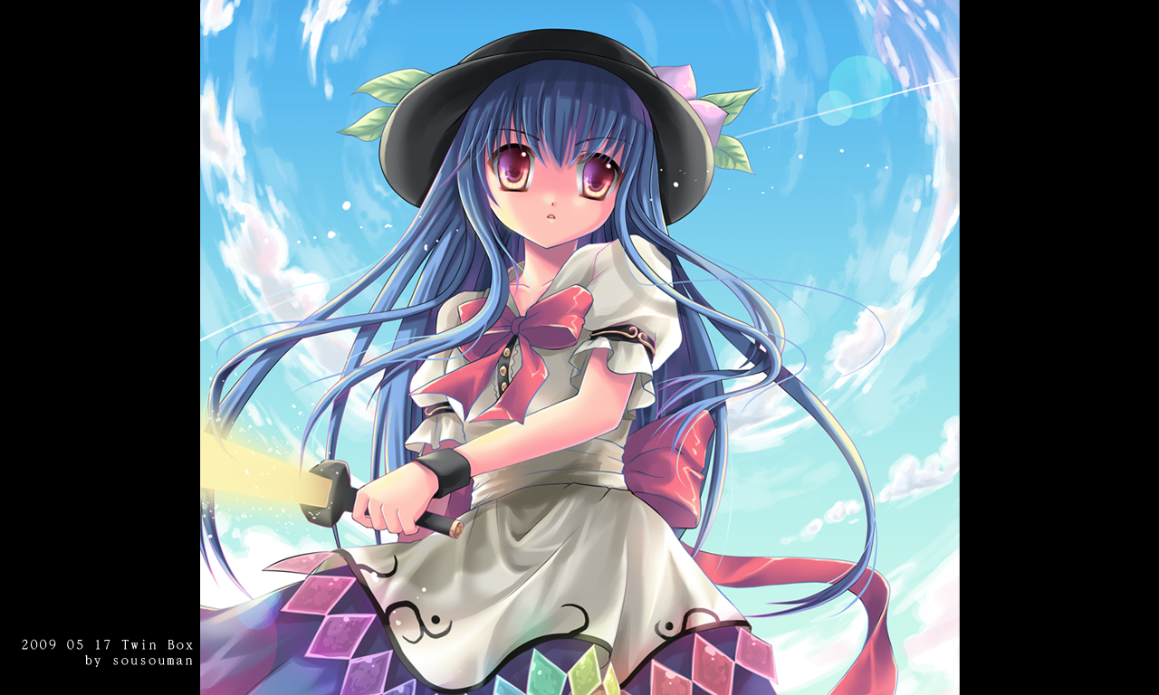 sousouman, hinanawi tenshi, touhou, bad id, bad pixiv id, 1girl, blue hair, cloud, female focus, food, fruit, hat, long hair, outdoors, peach, red eyes, sky, solo, standing, sword, sword of hisou, weapon
