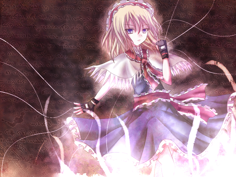 non (nobu), alice margatroid, touhou, 1girl, blonde hair, blue eyes, female focus, fingerless gloves, gloves, hairband, short hair, solo, standing