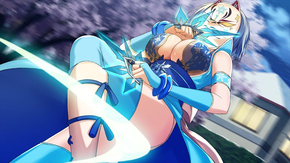 machiyuki ricka, moe! ninja girls, game cg, official art, third-party source, 1girl, bare shoulders, blue gloves, blurry, breasts, fighting, gloves, holding, holding weapon, large breasts, mask, solo, standing, thighs, weapon