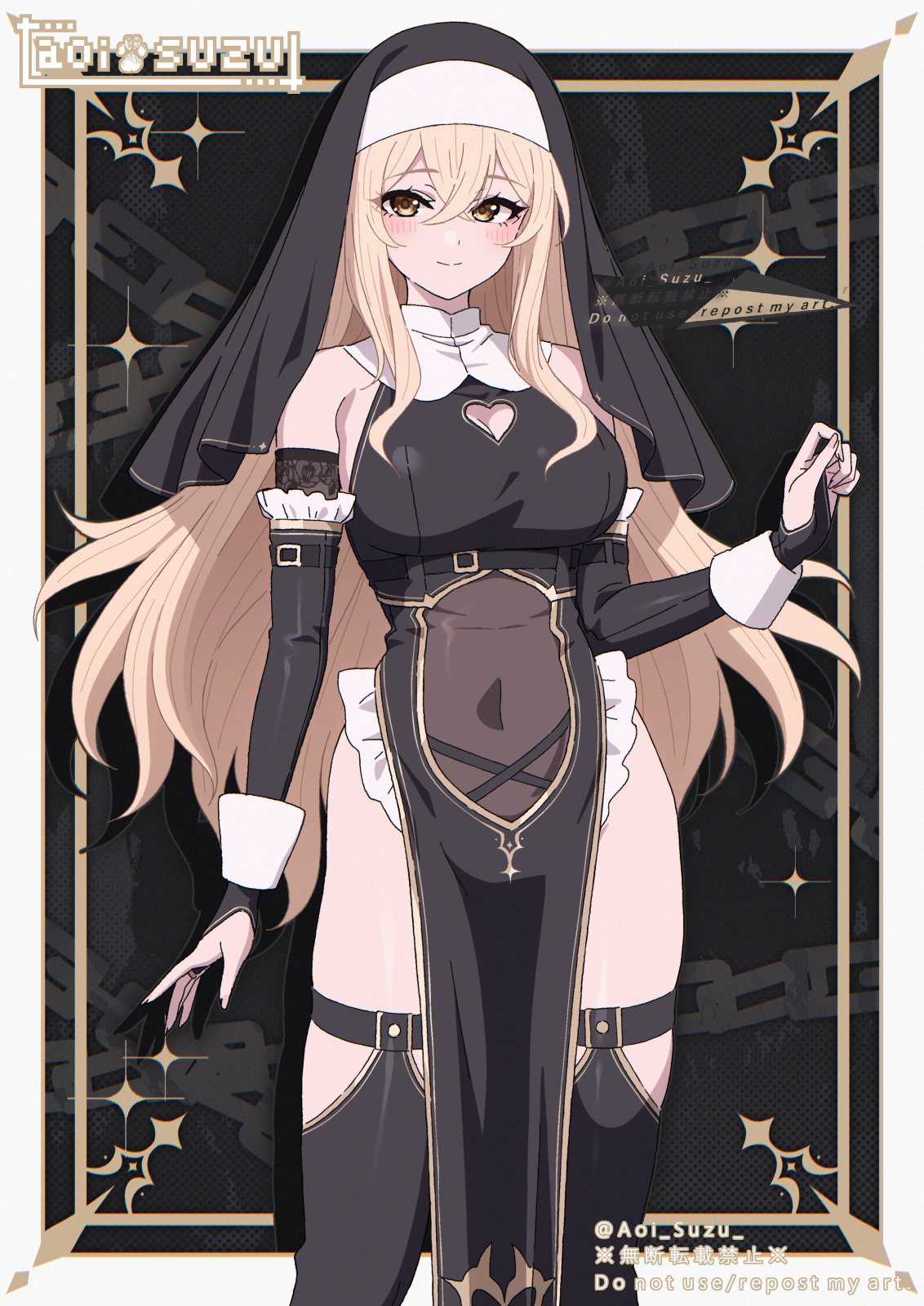 aoi suzu, original, commentary request, highres, 1girl, bare shoulders, black dress, black thighhighs, black veil, blonde hair, breasts, bridal gauntlets, cleavage cutout, closed mouth, clothing cutout, covered navel, dress, gold trim, heart cutout, large breasts, long hair, looking at viewer, nun, pelvic curtain, sleeveless, sleeveless dress, smile, solo, standing, thighhighs, thighs, veil, very long hair, yellow eyes