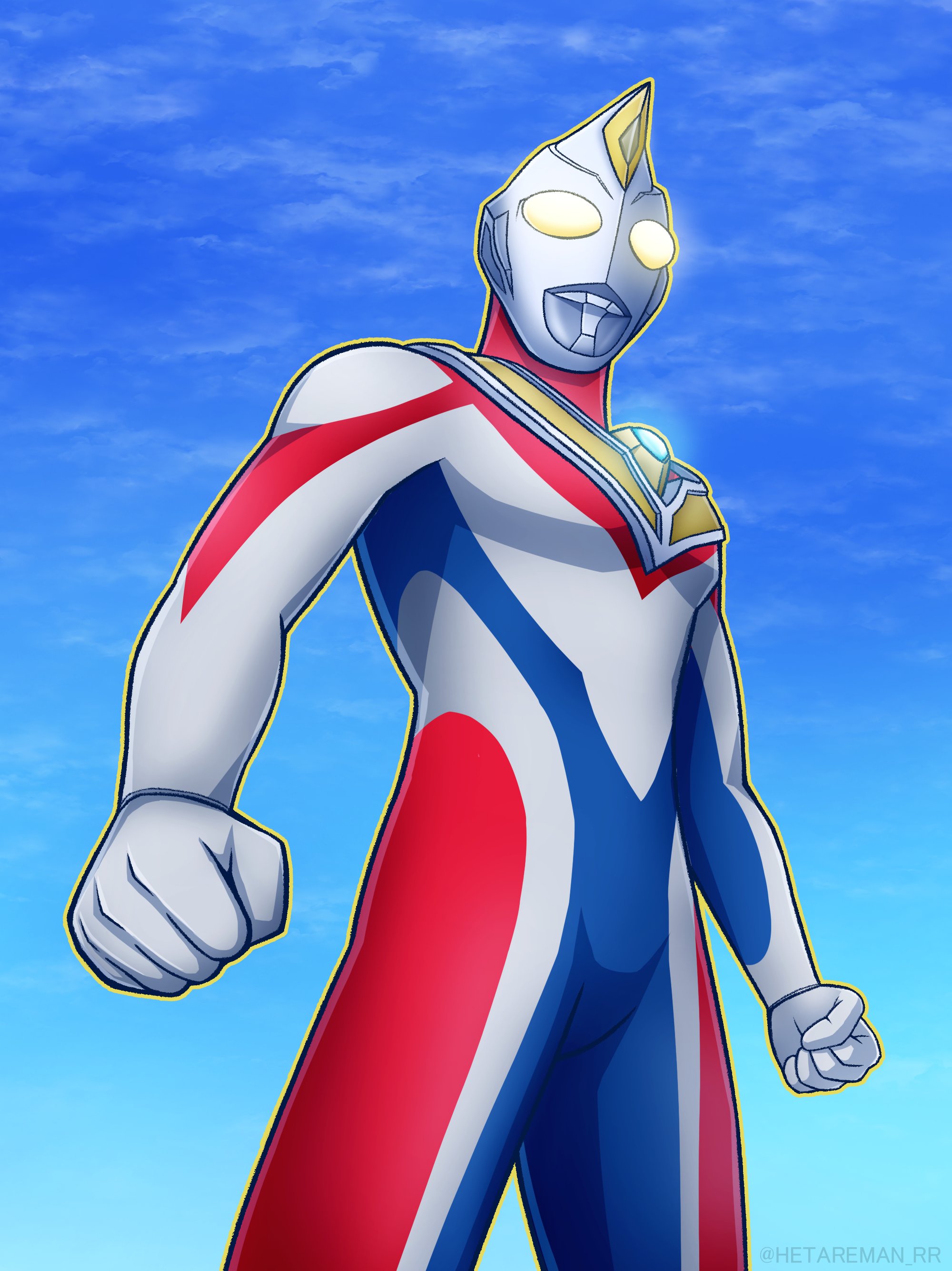 hetareman, ultraman dyna, ultraman dyna (flash type), tokusatsu, ultra series, ultraman dyna (series), absurdres, commentary, highres, 1boy, alien, armor, arms at sides, blue skin, blue sky, breastplate, clenched hands, cloud, cloudy sky, color timer, colored skin, compound eyes, cowboy shot, crystal, day, dorsal fin, forehead jewel, from below, giant, giant male, glowing, glowing eyes, gradient eyes, gradient sky, looking ahead, male focus, multicolored eyes, multicolored skin, no pupils, outdoors, outline, pectorals, red skin, silver skin, sky, solo, standing, toned, toned male, twitter username, white eyes, yellow eyes, yellow outline