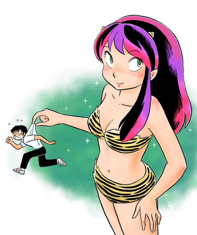 uesuto (westriver), lum, moroboshi ataru, urusei yatsura, 1boy, 1girl, animal print, bare shoulders, bikini, blush, breasts, cleavage, cone horns, giant, giantess, green eyes, horns, large breasts, lips, long hair, looking up, midriff, mini person, miniboy, multicolored hair, navel, official style, pointy ears, small horns, swimsuit, tiger print