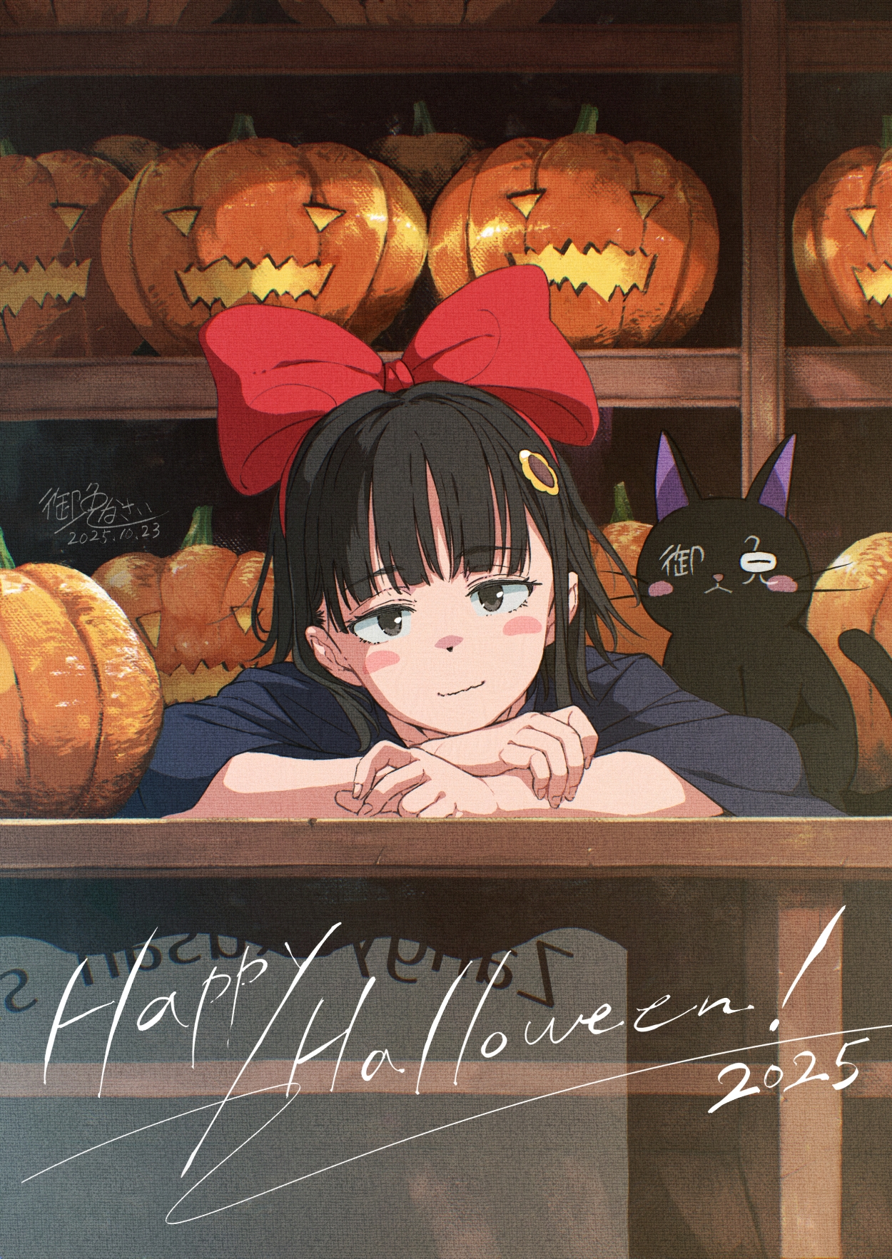 gomennasai, jiji (majo no takkyuubin), kiki (majo no takkyuubin), majo no takkyuubin, highres, 1girl, 2025, black cat, black eyes, black hair, blush stickers, bow, cat, closed mouth, dated, hair bow, hair ornament, halloween, happy halloween, jack-o'-lantern, looking at viewer, red bow, short hair, signature