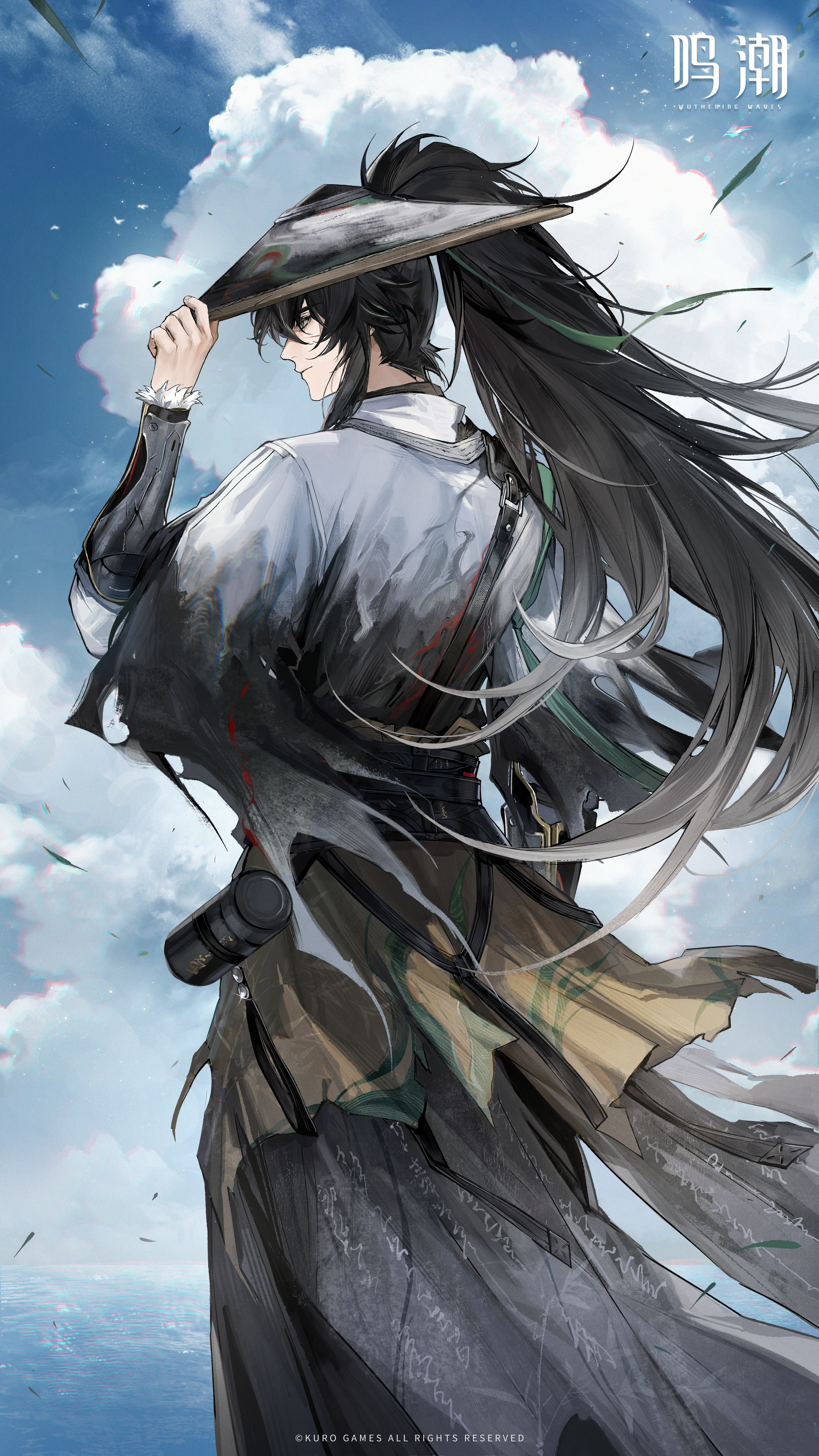 qiuyuan (wuthering waves), wuthering waves, absurdres, highres, official art, 1boy, arm armor, black hair, blue sky, cloak, closed mouth, cloud, colored tips, copyright notice, day, hand up, logo, long hair, male focus, multicolored hair, ocean, outdoors, ponytail, sky, solo, white cloak