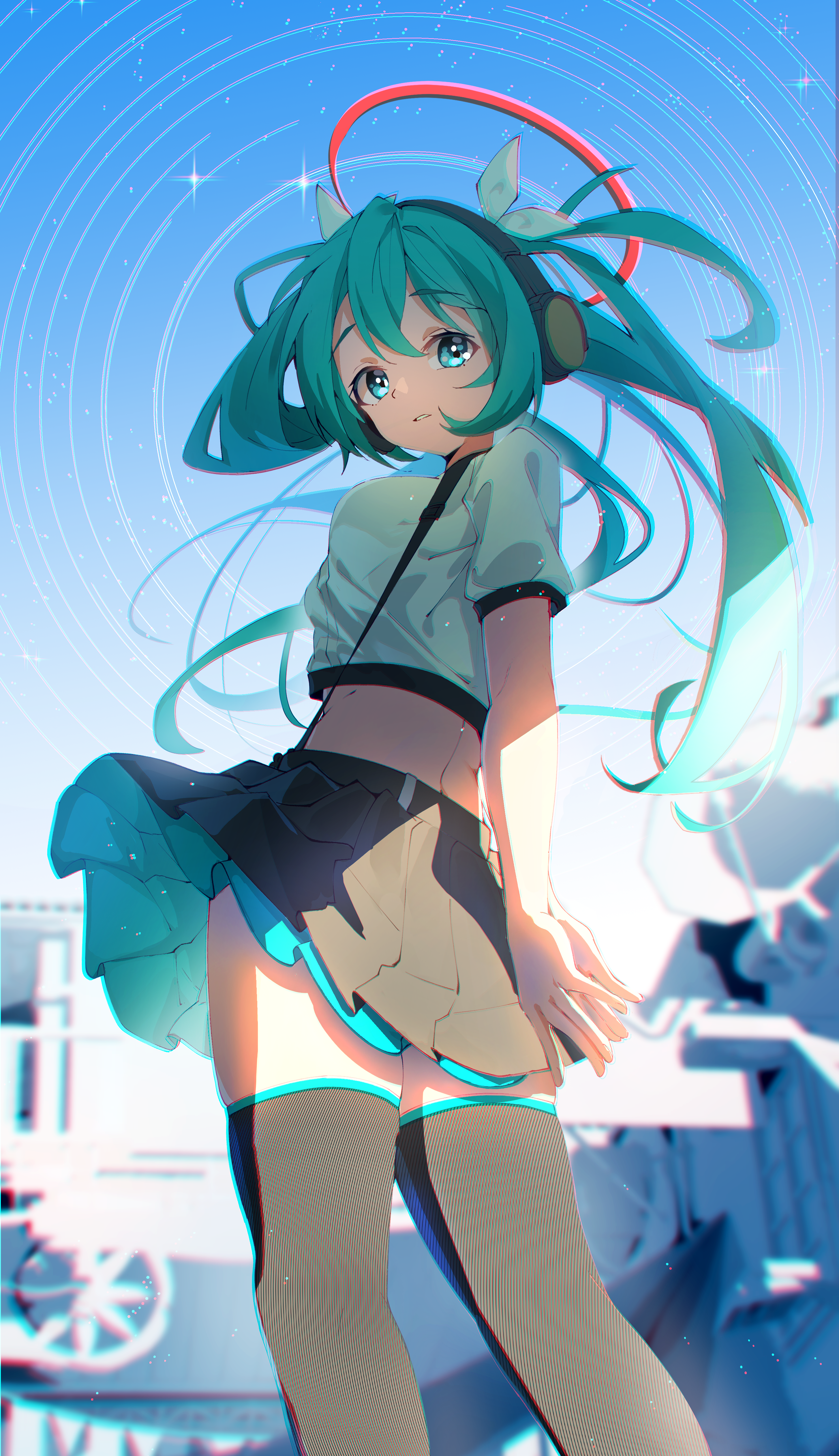 boqee, hatsune miku, vocaloid, absurdres, highres, 1girl, aqua eyes, aqua hair, aqua trim, arms behind back, black skirt, blurry, blurry background, breasts, hair between eyes, hair ornament, halo, headset, long hair, looking at viewer, medium breasts, midriff, miniskirt, parted lips, pleated skirt, red halo, shirt, short sleeves, skirt, solo, thick thighs, thighhighs, thighs, twintails, very long hair, white shirt, zettai ryouiki