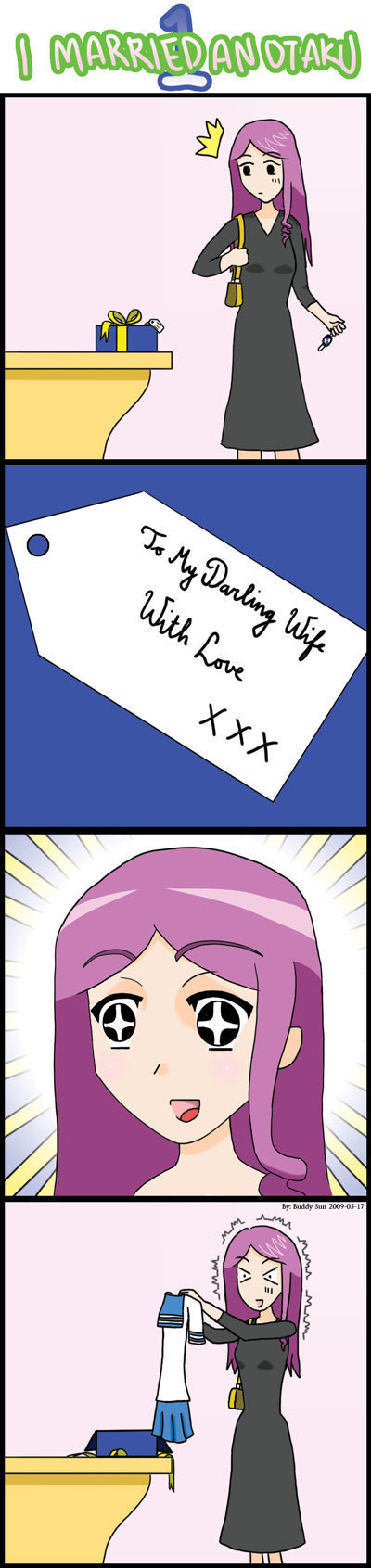 hard-translated, highres, long image, tall image, third-party edit, 1girl, 4koma, bad anatomy, comic, gift, poorly drawn, school uniform, serafuku