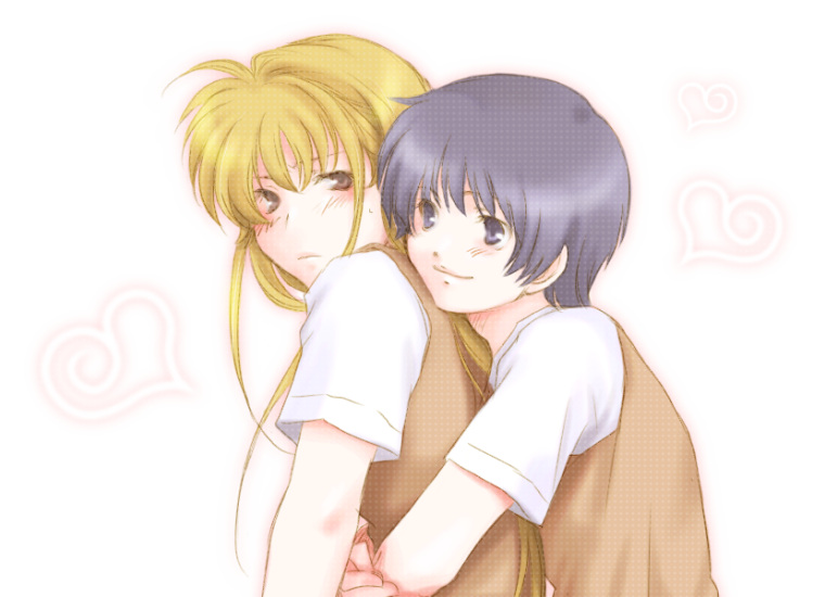 mo mo, momo e ko, amatsuka megumi, hanakain miki, tenshi na konamaiki, bad id, bad pixiv id, 2girls, androgynous, black hair, blonde hair, blue eyes, blue hair, blush, brown eyes, crossdressing, crossdressing (ftm), embarrassed, heart, hug, long hair, multiple girls, reverse trap, school uniform, short hair, smile, trap