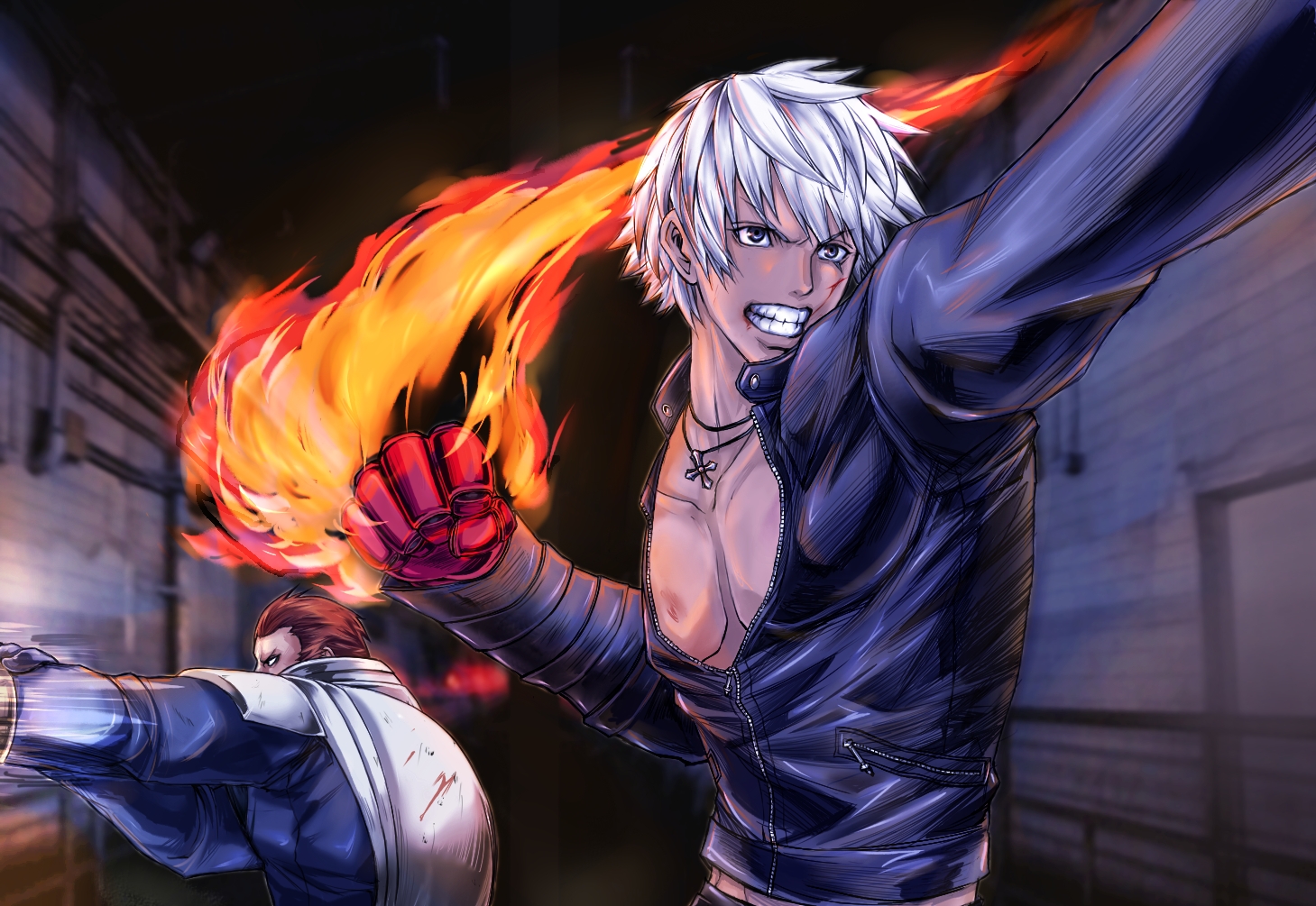 choker (pixiv), k' (kof), maxima, snk, the king of fighters, 2boys, angry, battle, blood, brown hair, cape, cross, fire, grey eyes, jacket, leather, leather jacket, male focus, multiple boys, muscular, pyrokinesis, shoulder pads, white hair