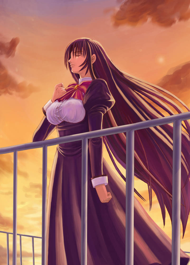 hamoto, juujou shion, otome wa boku ni koishiteru, bad id, bad pixiv id, 00s, black hair, bow, breasts, closed eyes, cloud, large breasts, long hair, nipples, no bra, railing, school uniform, see-through clothes, sky, solo, sunset, very long hair