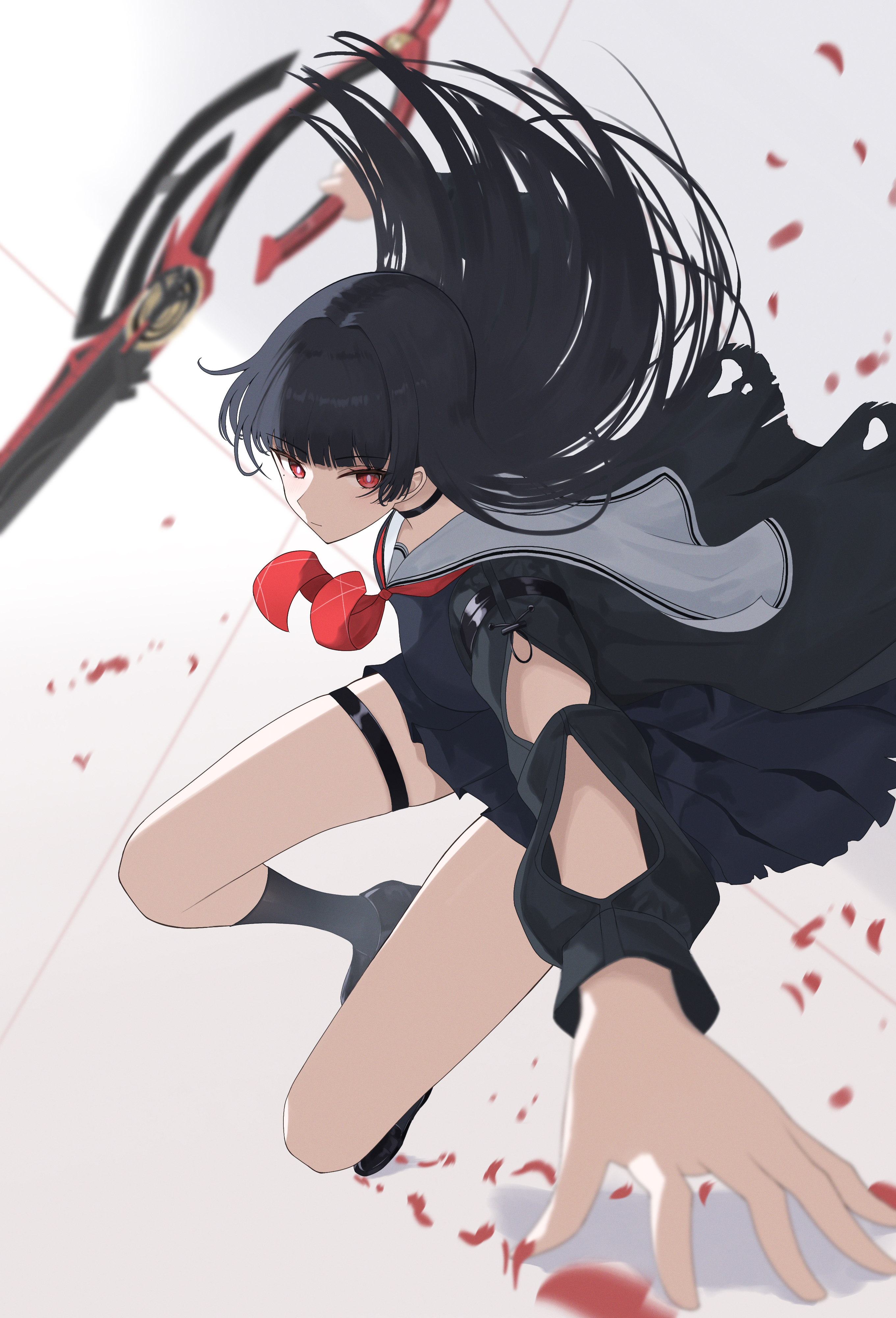 nanashi1329, chisa (wuthering waves), wuthering waves, absurdres, commentary, highres, 1girl, arm cutout, black choker, black hair, black serafuku, black shirt, black skirt, choker, closed mouth, clothing cutout, dynamic pose, grey sailor collar, holding, holding sword, holding weapon, long hair, long sleeves, looking at viewer, neckerchief, red eyes, red neckerchief, red petals, sailor collar, school uniform, serafuku, shirt, skirt, solo, sword, thigh strap, thighs, weapon