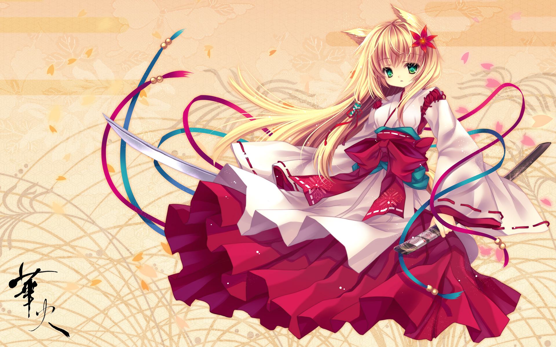 capura lin, highres, 1girl, animal ears, blonde hair, female focus, green eyes, japanese clothes, kimono, light particles, ribbon, sheath, solo, sword, weapon