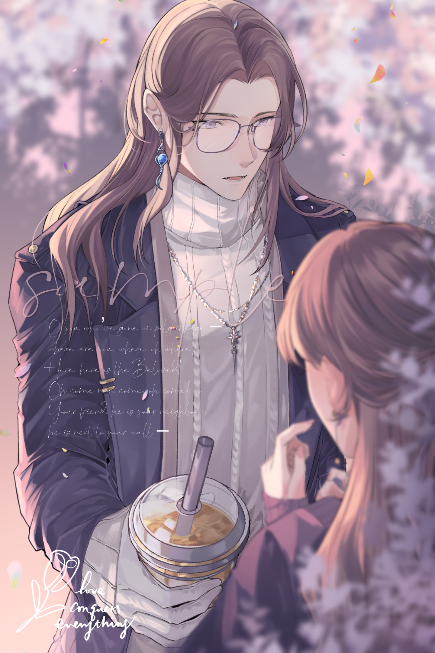 kharu11, commentary, commission, english commentary, highres, 1boy, 1girl, blue gemstone, blurry, brown hair, cup, curtained hair, depth of field, disposable cup, drink, drinking straw, earrings, english text, falling petals, flower, gem, glasses, gloves, hair behind ear, half updo, holding, holding cup, jacket, jewelry, lapels, long hair, looking at another, male focus, nail polish, necklace, notched lapels, open clothes, open jacket, parted bangs, parted lips, pendant, petals, pink flower, pink nails, pointing, pointing at self, purple eyes, purple jacket, purple sweater, ribbed sweater, sidelocks, single earring, sleeves past wrists, solo focus, sweater, turtleneck, turtleneck sweater, upper body, white gloves, white sweater, yueying bieshu