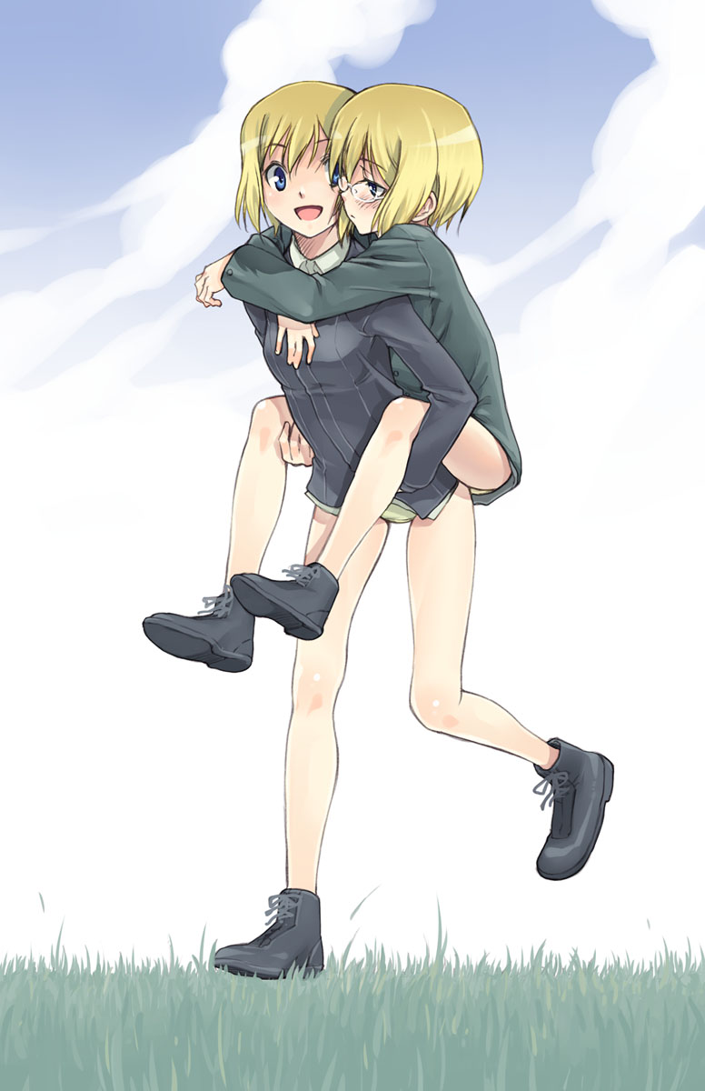 satou atsuki, erica hartmann, ursula hartmann, strike witches, strike witches: suomus misfits squadron, world witches series, highres, 00s, 2girls, blonde hair, blue eyes, blush, carrying, cloud, glasses, hug, hug from behind, multiple girls, panties, siblings, sisters, sky, twins, underwear