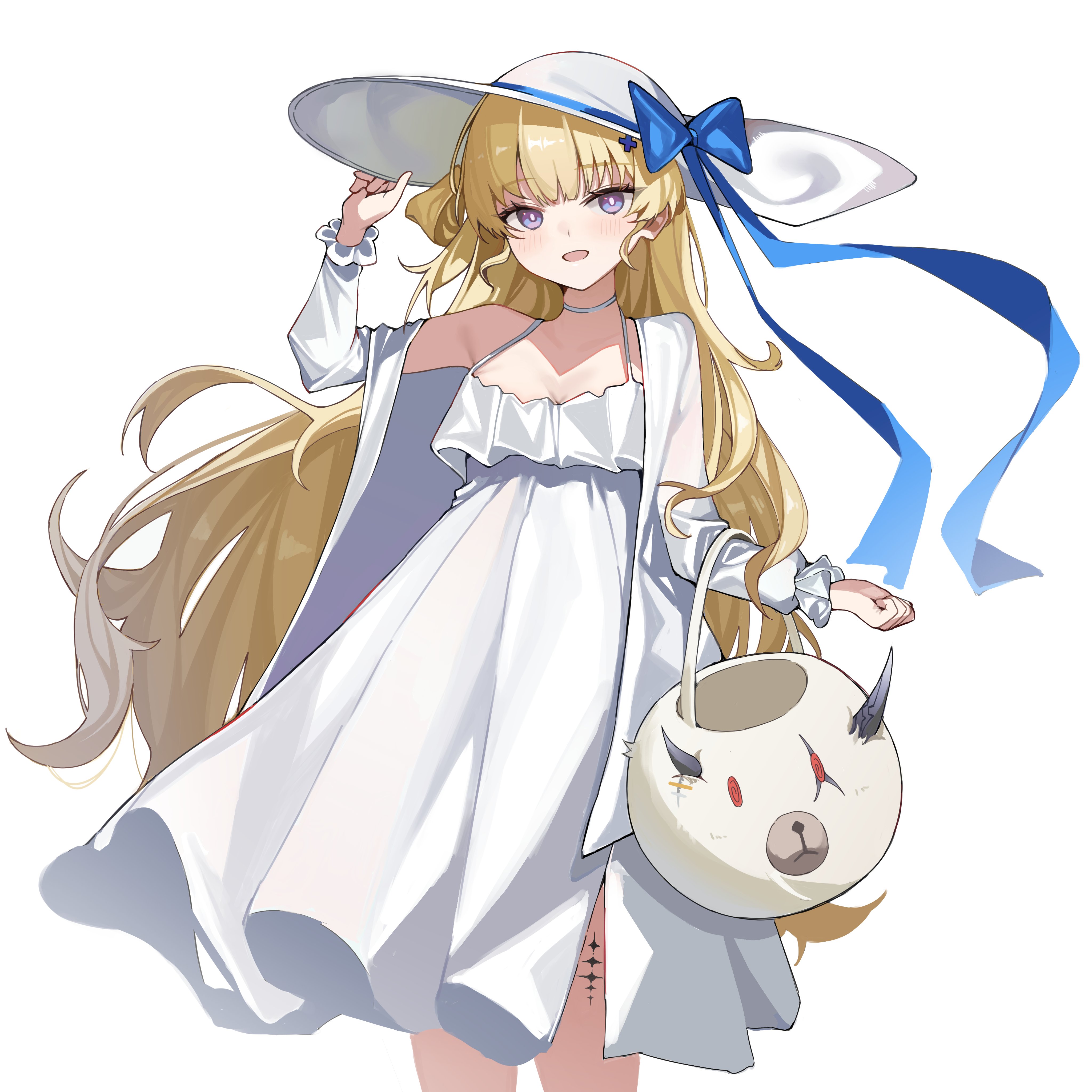 oxooxo666, phoebe (wuthering waves), wuthering waves, absurdres, commentary, hashtag-only commentary, highres, 1girl, alternate costume, basket, blonde hair, blue bow, bow, breasts, cleavage, cuddle wuddle (wuthering waves), dress, elbow carry, hand on own hat, hat, hat bow, holding, holding basket, jacket, long dress, long hair, looking at viewer, medium breasts, objectification, open clothes, open jacket, open mouth, purple eyes, simple background, single bare shoulder, single off shoulder, smile, solo, tacet mark (wuthering waves), very long hair, white background, white dress, white hat, white jacket