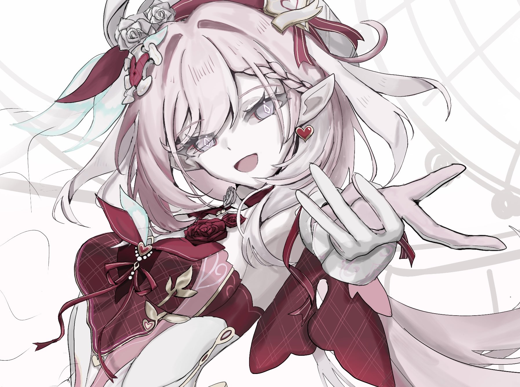 elysia (hi love elf) (honkai impact), elysia (honkai impact), honkai (series), honkai impact 3rd, commentary request, highres, 1girl, beret, breasts, diamond-shaped pupils, diamond (shape), dress, earrings, elf, gloves, hat, heart, heart earrings, jewelry, large breasts, long hair, looking at viewer, m40luu, open mouth, pink hair, pointy ears, reaching, reaching towards viewer, red dress, solo, symbol-shaped pupils, two-tone dress, upper body, very long hair, white dress, white gloves