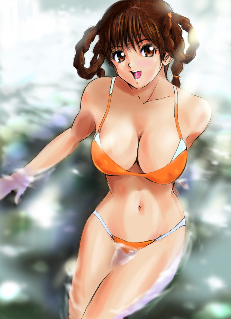 shu-z, lei fang, dead or alive, tecmo, 1girl, bikini, braid, breasts, brown eyes, brown hair, cleavage, female focus, large breasts, lowleg, lowleg bikini, open mouth, orange bikini, shiny skin, sitting, solo, swimsuit, twin braids, wading, water