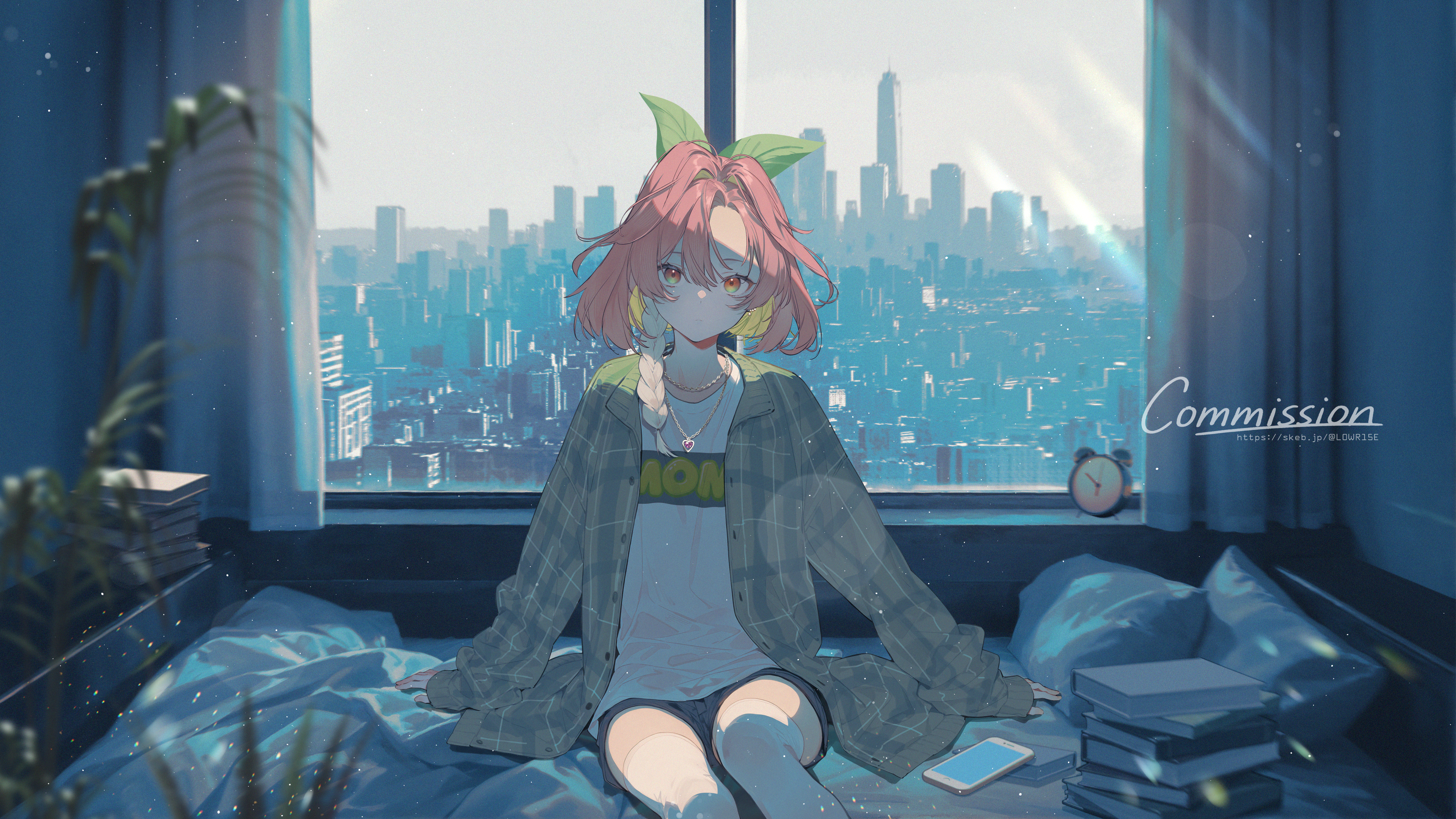 shiomi (lowrise), original, absurdres, commentary, commission, highres, 1girl, alarm clock, asymmetrical bangs, bedroom, book, brown shirt, building, cellphone, chain, chain necklace, city, clock, closed mouth, clothes writing, curtains, day, denim, denim shorts, expressionless, forehead, hair between eyes, hair ornament, heart pendant, indoors, jewelry, leaf hair ornament, long bangs, long sleeves, looking at viewer, necklace, on bed, open clothes, open shirt, orange eyes, phone, pile of books, pillow, pink hair, plaid clothes, plaid shirt, print shirt, scenery, shade, shirt, short hair, short shorts, shorts, sitting, skyline, skyscraper, sleeves past wrists, smartphone, solo, straight-on, t-shirt, thighhighs, unbuttoned, white shirt, white thighhighs, window