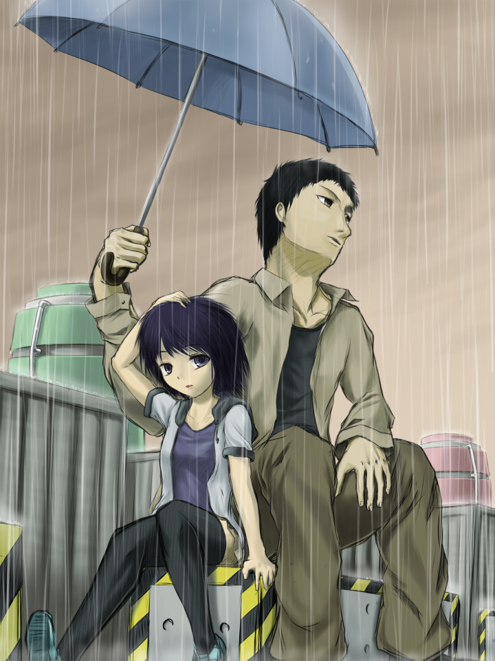 yasojima nejiro, yasojima nejiru, bad id, bad pixiv id, tagme, holding, holding umbrella, rain, sitting, umbrella