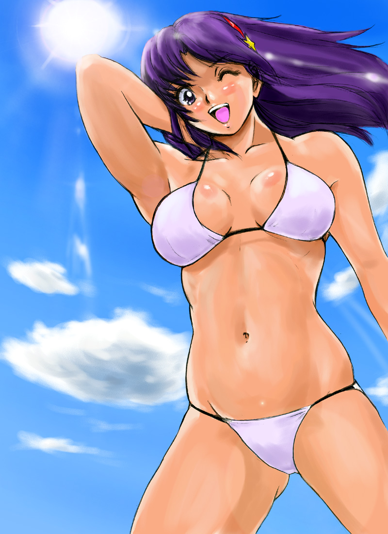 shu-z, asamiya athena, snk, the king of fighters, 1girl, bikini, cloud, day, female focus, long hair, one eye closed, open mouth, purple hair, shiny skin, sky, solo, sun, swimsuit, white bikini, wink