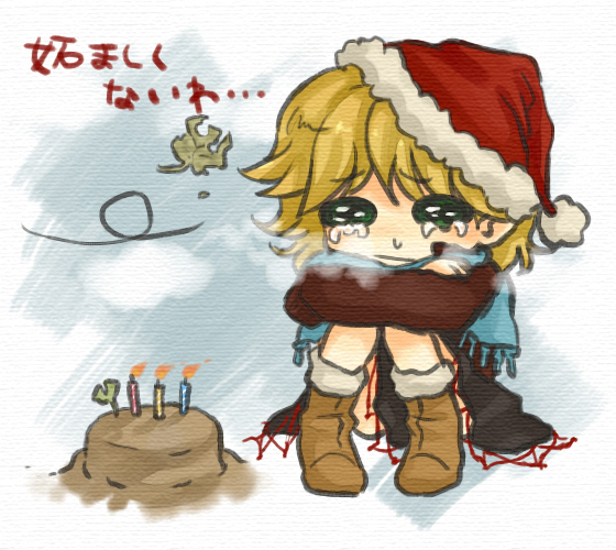 niji (nijioki), mizuhashi parsee, touhou, 1girl, blonde hair, candle, female focus, full body, green eyes, hat, lonely, pointy ears, santa hat, scarf, short hair, sitting, solo, tears
