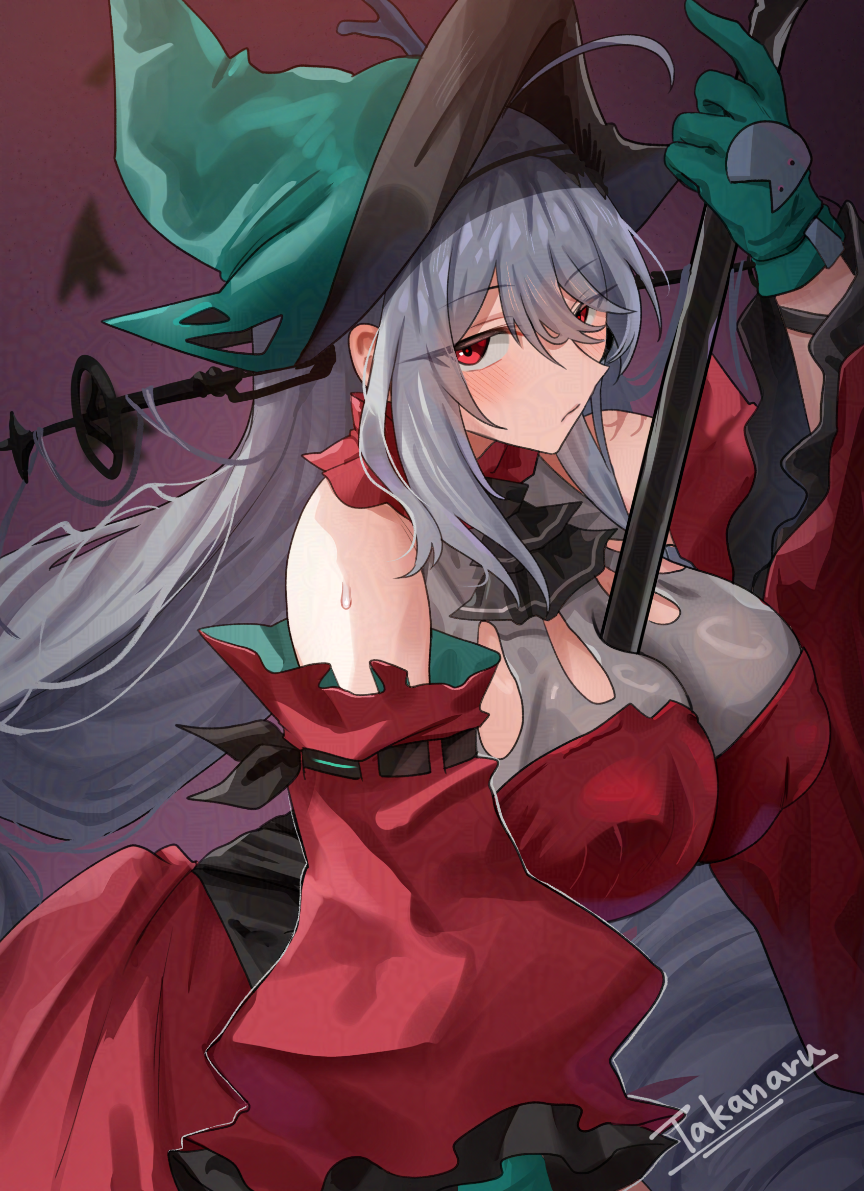 takanaru, skadi (arknights), arknights, highres, 1girl, bare shoulders, between breasts, blush, breasts, covered erect nipples, detached sleeves, dress, gloves, green gloves, green hat, grey hair, hat, holding, large breasts, long hair, long sleeves, looking at viewer, red dress, red eyes, solo, witch hat