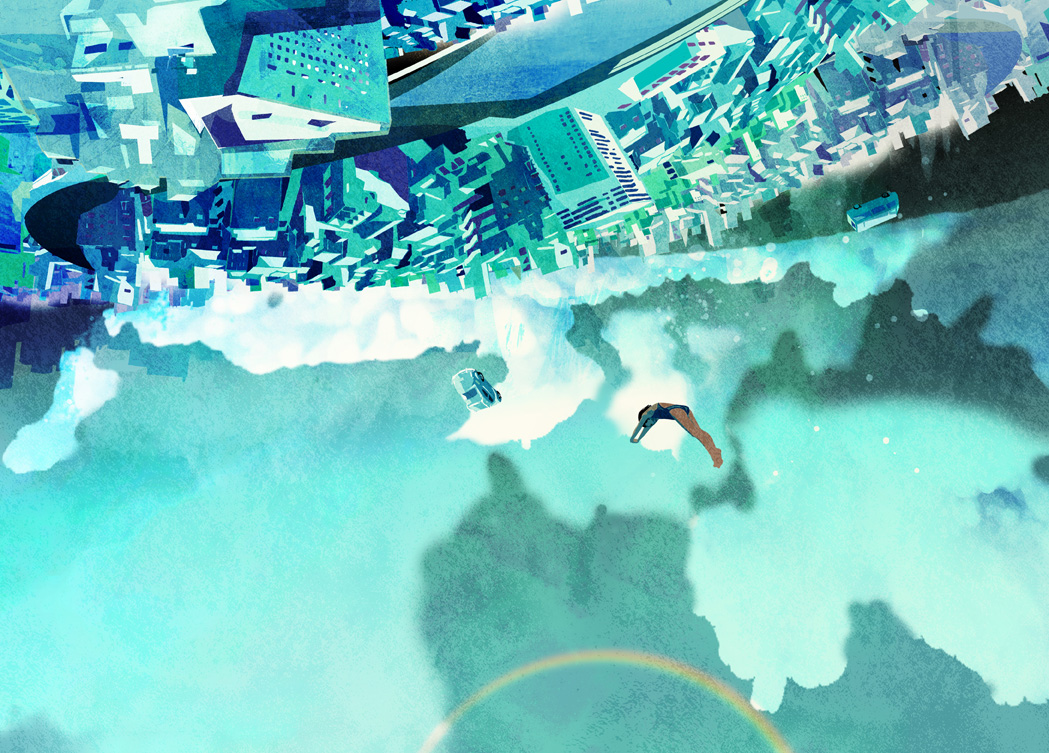 kudamono790, original, 1girl, abstract, car, city, cityscape, cloud, diving, female focus, motor vehicle, rainbow, scenery, solo, surreal