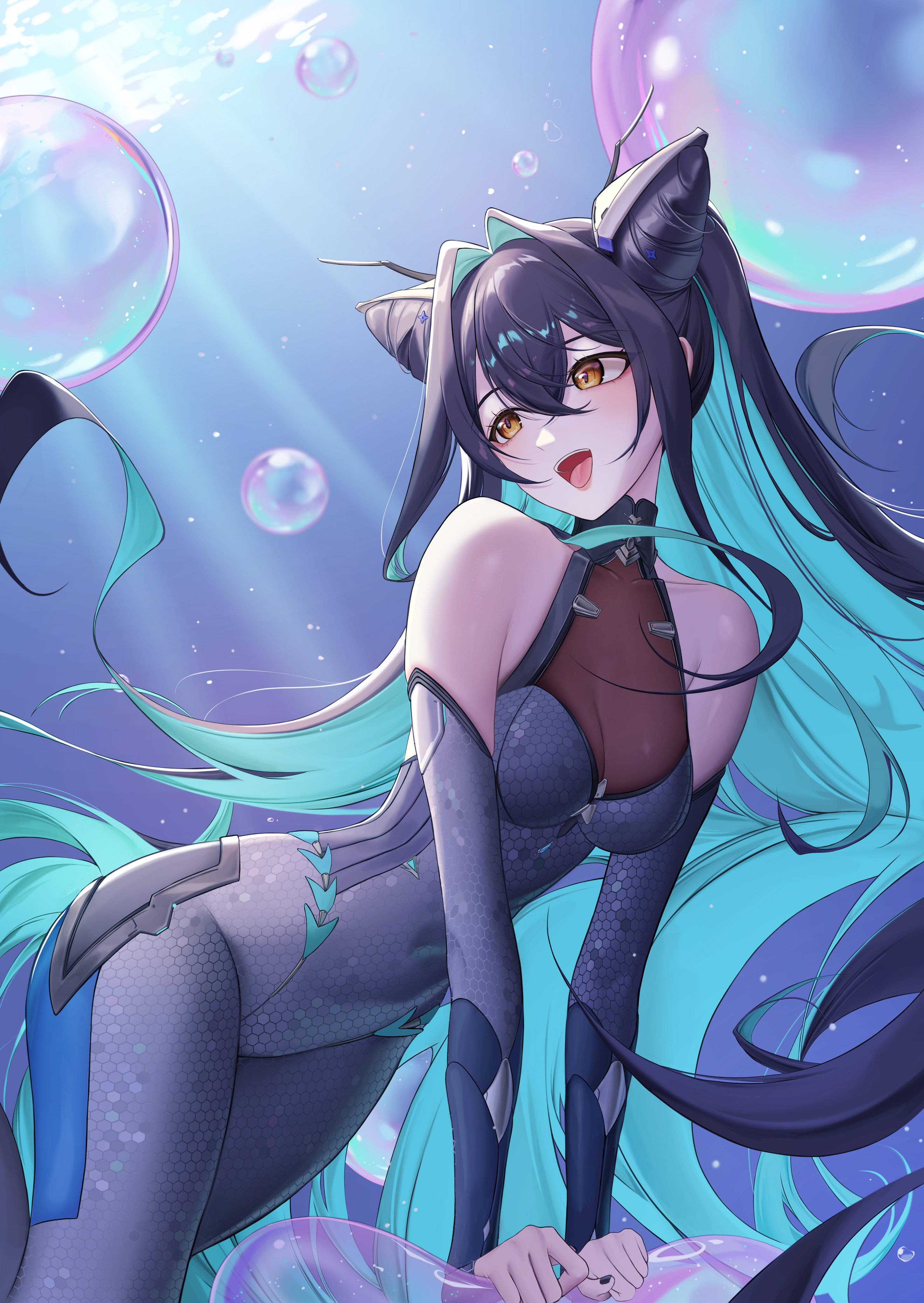 gani1127, little mermaid (nikke), goddess of victory: nikke, absurdres, highres, 1girl, accessories, aqua hair, backless bodysuit, bare shoulders, black bodysuit, black hair, bodysuit, breasts, bubble, cleavage, colored inner hair, folded hair, gloves, hair intakes, halterneck, hexagon print, honeycomb (pattern), honeycomb print, long hair, multicolored hair, see-through bodysuit, see-through cleavage, see-through clothes, smile, solo, twintails, very long hair, yellow eyes